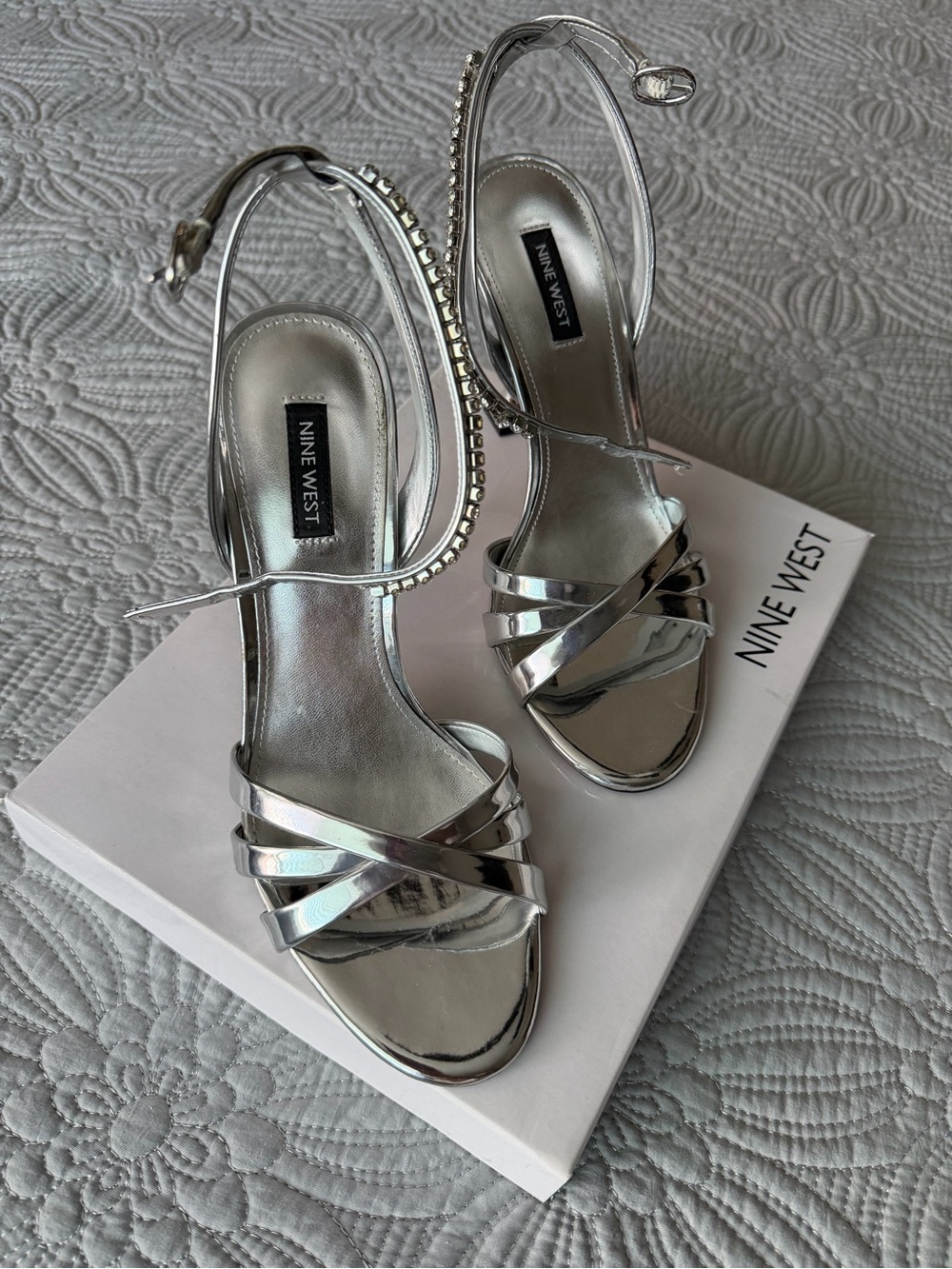 Women's Nine West Noras Silver Metallic Strappy Sandal